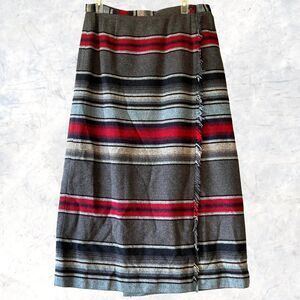 Vintage Rafaella Wool Blanket Wrap Skirt Striped Grey Red Blue-Women's 12 Petite
